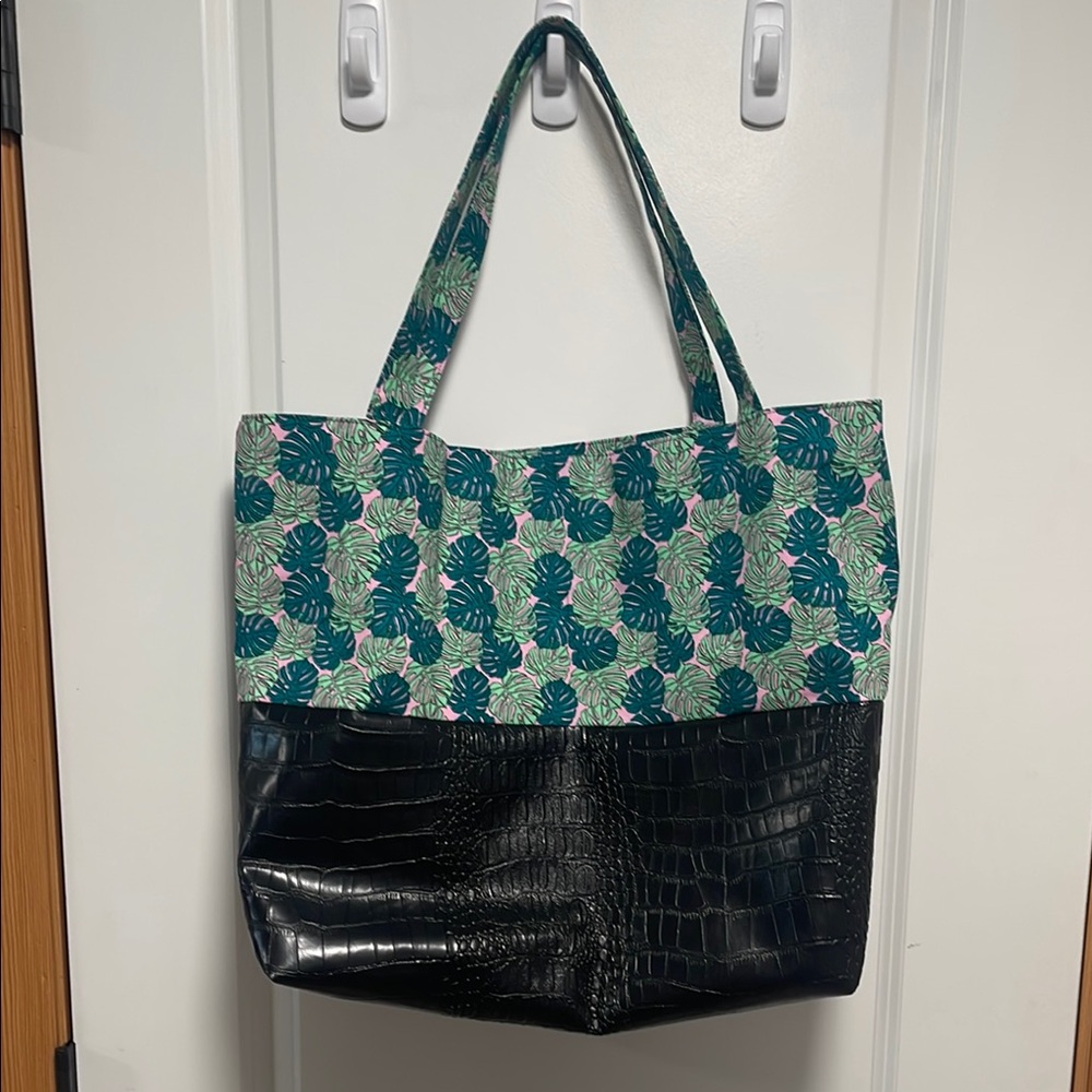 Tropical Leaf Print Tote Bag with Black Croc-Embossed Bottom